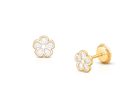 Genuine Bloom, White Mother of Pearl Baby/Children's Earrings, Screw Back - 14K Gold