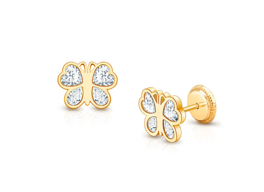 Lovely Butterfly, Clear CZ Baby/Children's Earrings, Screw Back - 14K Gold